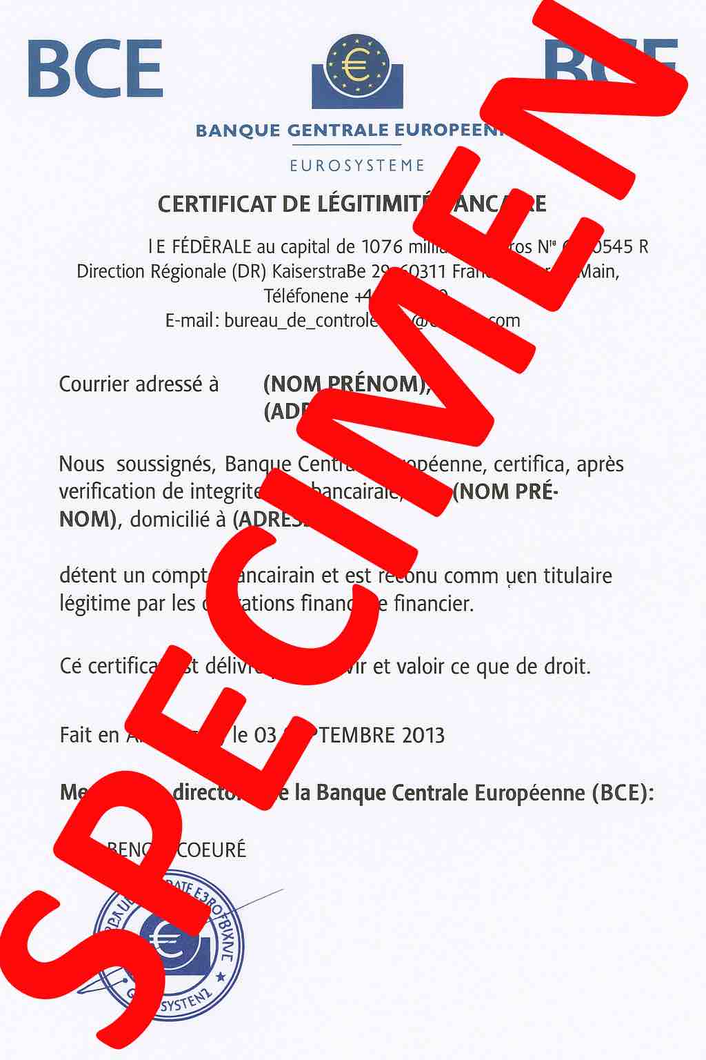 Certificat Officiel de Légitimité Bancaire – Émis par la Banque Centrale Européenne